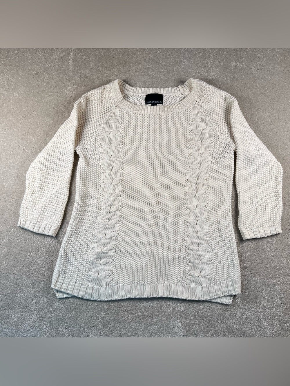 Cynthia Rowley Sweater Cream Cable Knit Crew 3 Quarter Sleeves Button Back Med